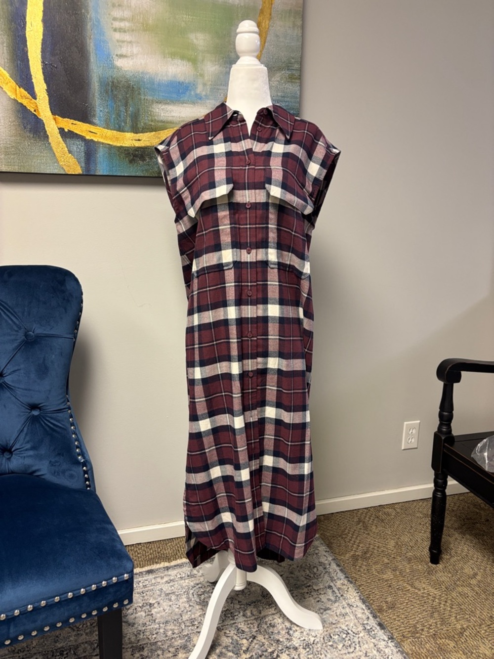 Banana Republic Burgundy and Cream Plaid Maxi Shirt Dress